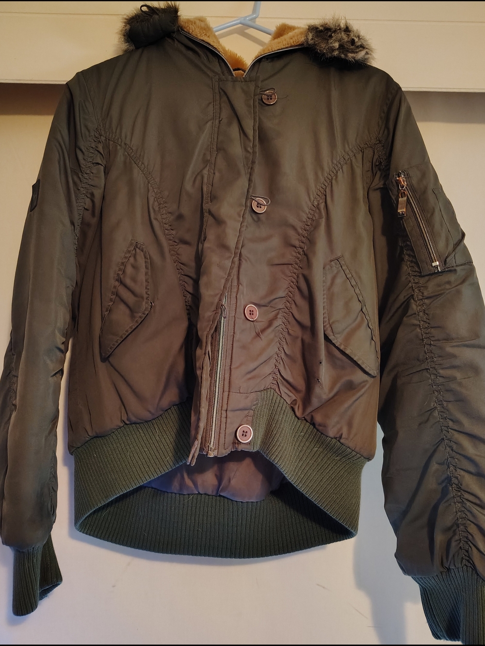 Women's Olive Green Bomber Jacket with Faux Fur Hood